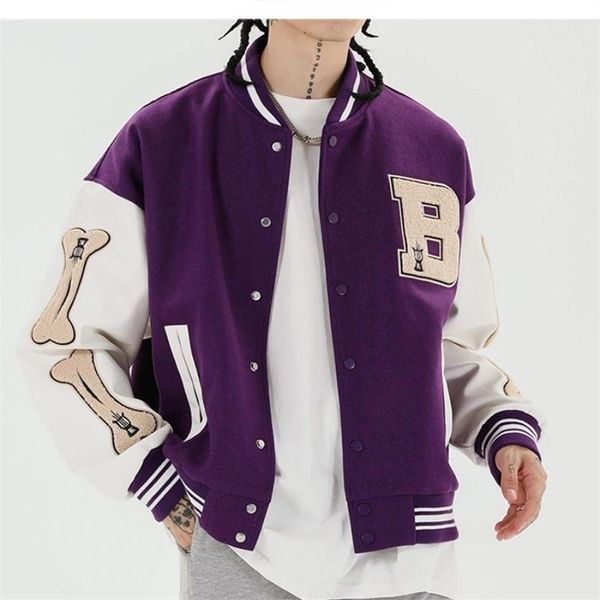 

men baseball jacket hip hop harajuku embroidery bone letter patchwork bomber coat fashion high street casual loose 211110, Black;brown