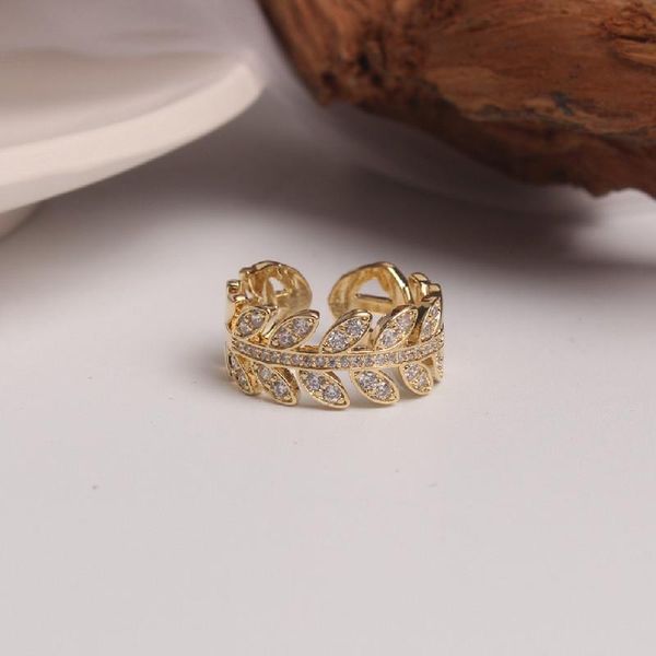 

cluster rings korean fashion jewelry exquisite copper inlaid zircon leaf wheat ear ring elegant women wedding prom opening adjustable, Golden;silver