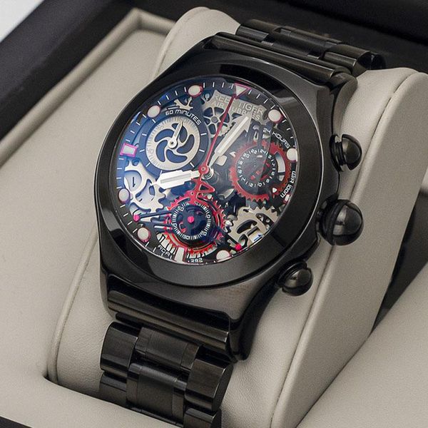 

wristwatches reef tiger/rt luxury men chronograph sport watch skeleton dial with date stainless steel bracelet quartz relogio masculino, Slivery;brown