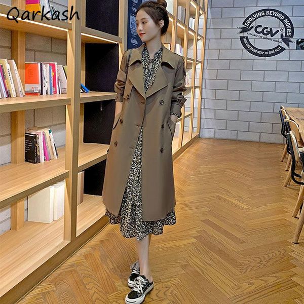 

women's trench coats women double breasted long style classic elegant gentle autumn outwear simple ladies leisure all-match windbreaker, Tan;black