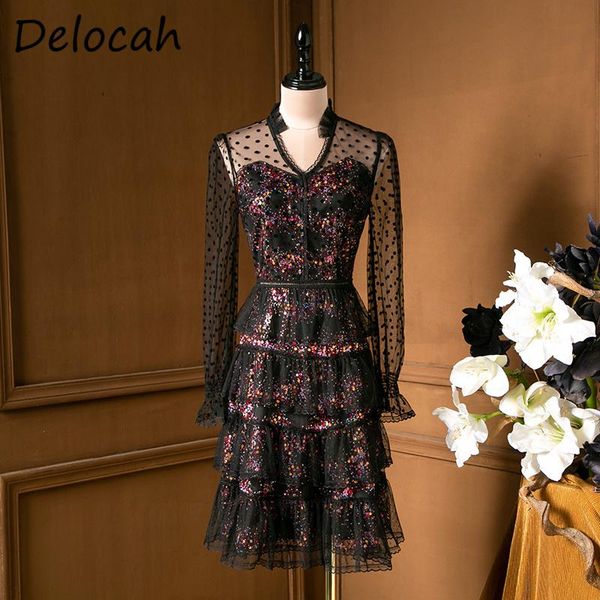 

delocah women summer fashion runwayÂ party a-line dress sequined lace ruffles flare sleeve elegant bodycon ladies midi dresses casual, Black;gray