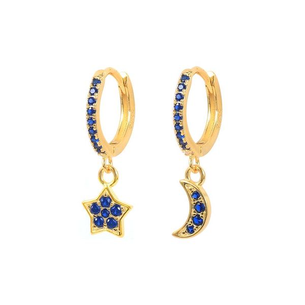 

hoop & huggie 925 sterling silver ear buckle five-pointed star earrings asymmetrical and moon cross dangle party jewley, Golden;silver