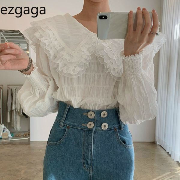 Ezgaga Peter Pan Gology женские рубашки шикарно винтажные французские стиль сладкий девушка длинные слойки рукава кружева рухренные корейские белые топы мода 210430