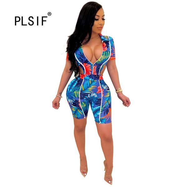 

women's jumpsuits & rompers beach style fashion tie dye print lady playsuits hollow out design short sleeve catsuits tight shorts, Black;white
