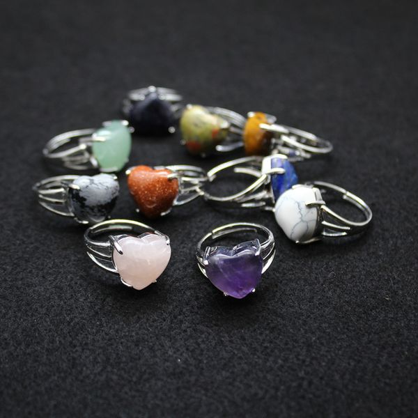 

natural stone heart rings tiger039s eye turquoise lapis pink quartz amethyst opal crystal finger ring for women jewelry7928932, Golden;silver