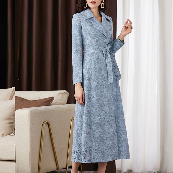 

women's trench coats spring fall womens double breasted blue lace long coat , korean autumn slim 4xl 5xl lsm for women zcwf, Tan;black