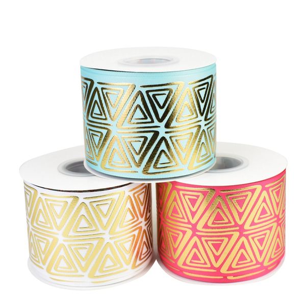 

50yards 75mm gold foil aztec triangle grosgrain ribbon ethnic style printed for diy accessories welcome custom order, Pink;blue