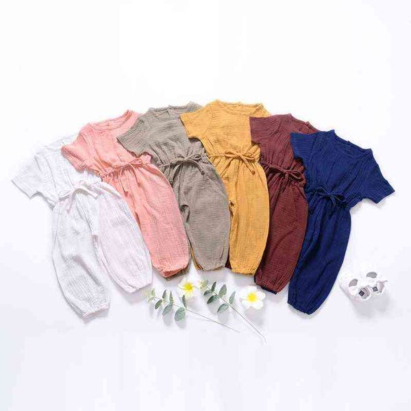 

summer newborn infant baby boys girls rompers jumpsuits linen cotton sleeveless solid color muslin toddler baby clothing g220223, Blue