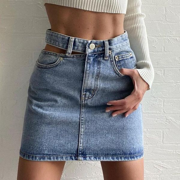 

skirts denim summer women skirt 2021 high waist side hollow out a-line jeans womens street girls mini, Black