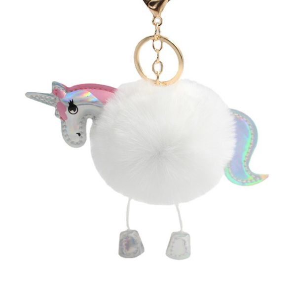 

fluffy unicorn pony key ring 15cm lovely pendant girls cute pompom artificial rabbit fur bag car keychain, Slivery;golden