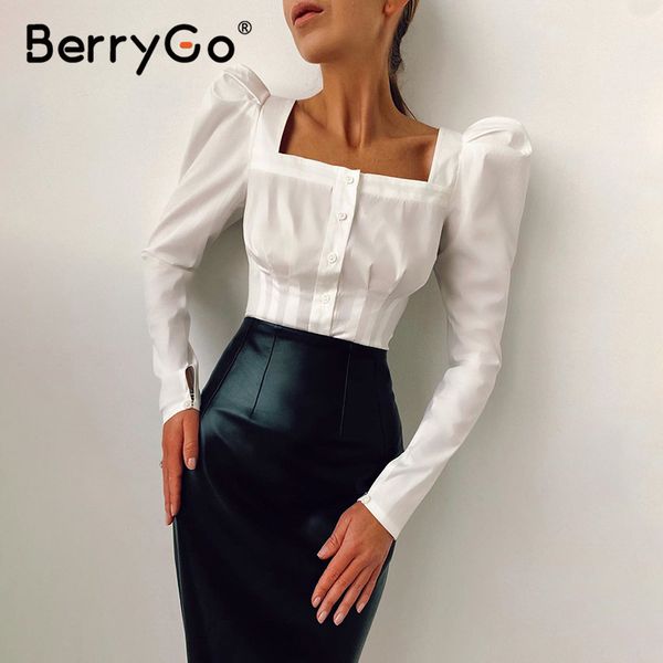

berrygo retro square collar small bubble sleeves blouse lady single-breasted fashion solid slim waist spring woman 210513, White