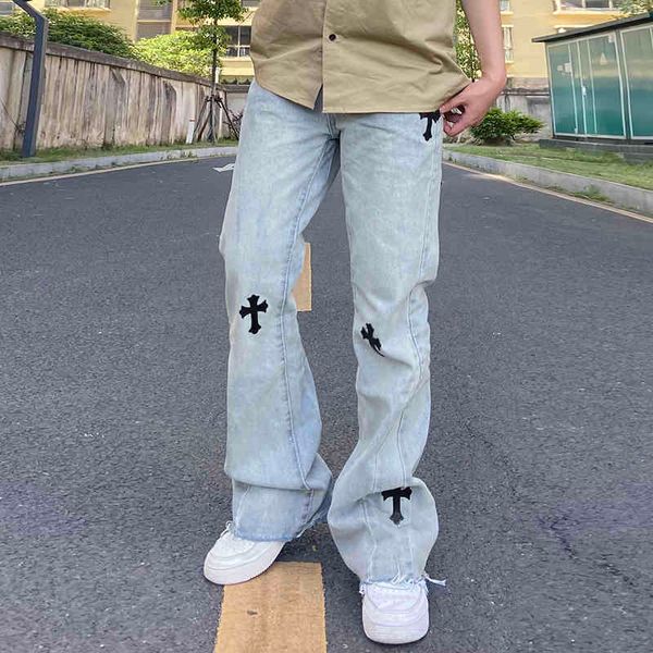 

crosin cross trumpet high street vibe pants men's washing water make old hip hop jeans fashion, White;black