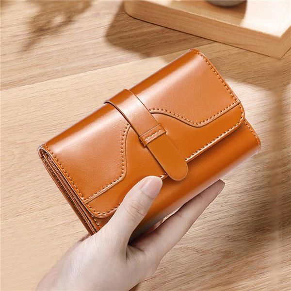 

wallets oil wax women's money bag hasp clips purse exquisite solid color purses zipper clip buckle female, Red;black
