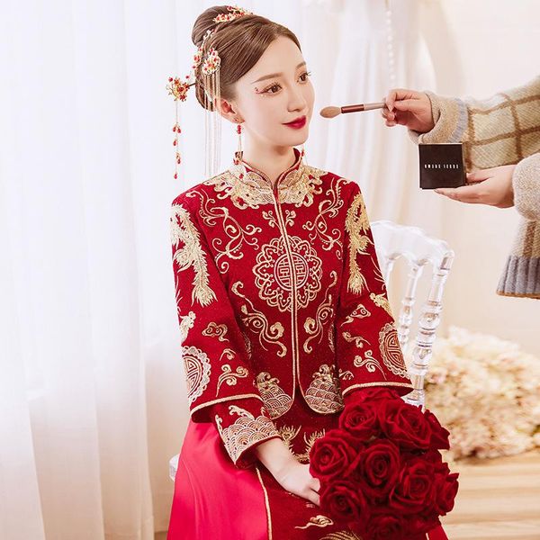 

women phoenix embroidery cheongsam long qipao modern red chinese traditional wedding dress oriental style dresses ethnic clothing
