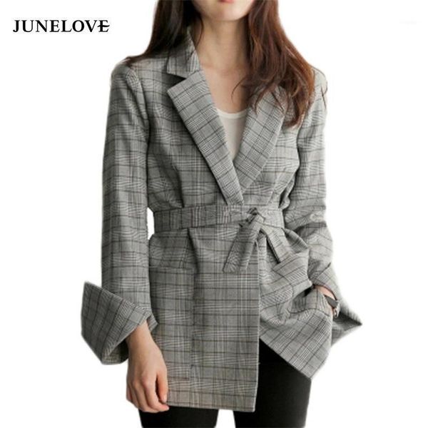 

women's jackets junelove 2021 spring women vintage jacket long sleeve lace up female loose plaid fashion for, Black;brown