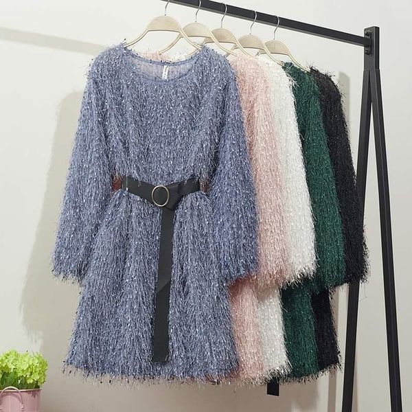 

casual dresses fashion butterfly velvet bright silk o-neck long sleeve tassel dress women 2021 temperament bottoming trend, Black;gray