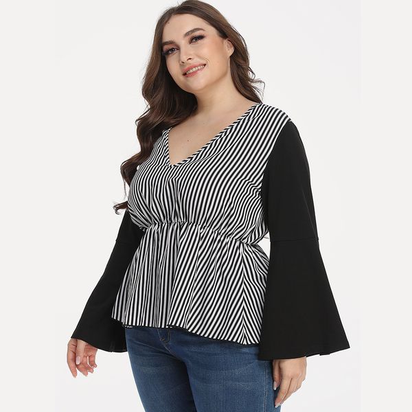 

women's plus size hy3628 spring and autumn large long sleeve waist t-shirt loose casual color matching deep v top