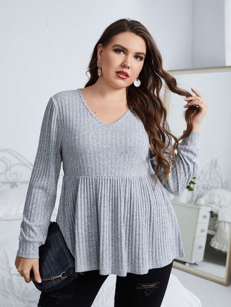 

plus v neck peplum tee v7l0#, Black