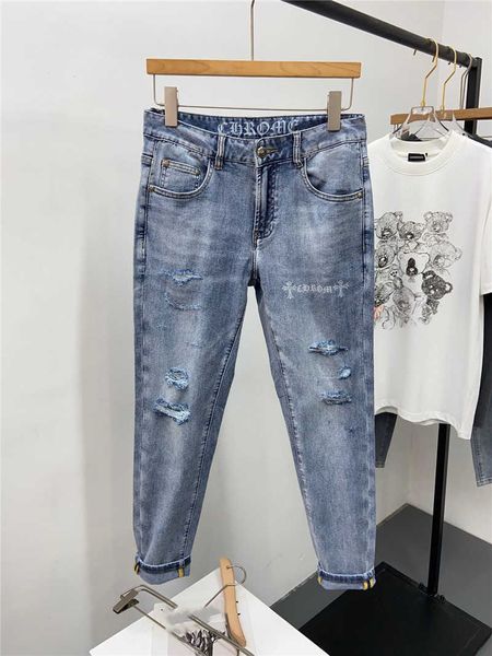 

21 summer fashion crosin sanskrit cross print men's simple wash small foot holed casual jeans, Blue