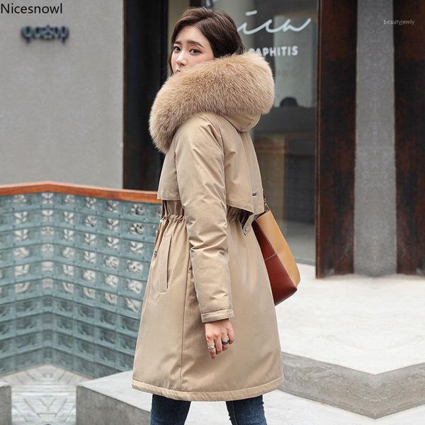 

fashion solid cotton liner parker autumn winter jacket women drawstring slim medium long down parka hooded fur coat female, Black