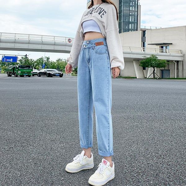 

women's jeans autumn wrong buckle design harem women straight loose large size high waist raddish dad ankle-length pants ins, Blue