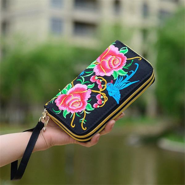 

wallets flower embroidered wallet purse handmade ethnic flowers embroidery 2021 fashion women long phone handbag,women clutch, Red;black