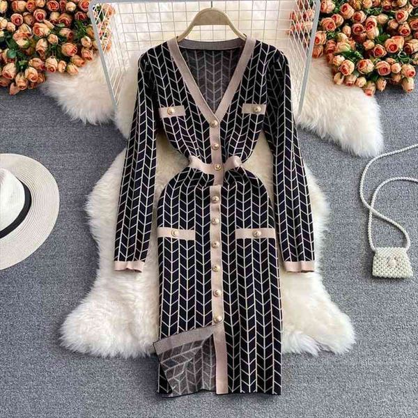 

small fragrance long sleeve women dress knitted sweater plaid sheath bodycon vintage autumn winter fashion robe femme, Black;gray