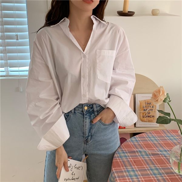 

casual white shirts women's loose blusas feminine vintage solid color long sleeve blouses shirt pocket ladies 100c 210420