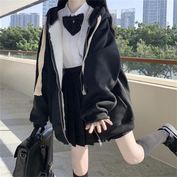 

women's jackets college style sweet loli girly japanese coat kawaii hooded drawstring thicken keep warm cute zipper casual loose outerw, Black;brown