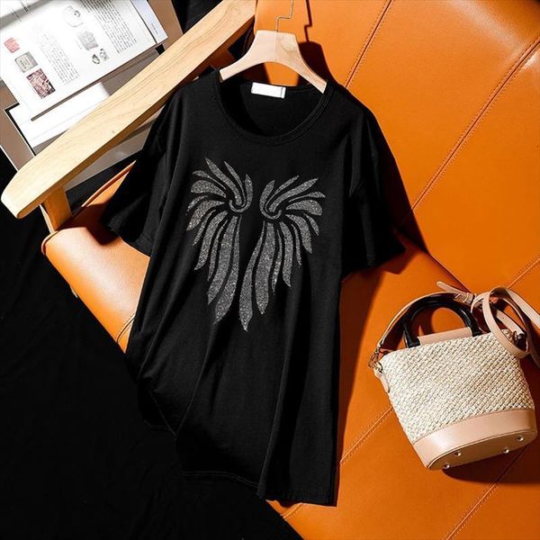 

summer drilling short sleeve street womens t shirts style casual black loose big size diamonds round neck lady, White