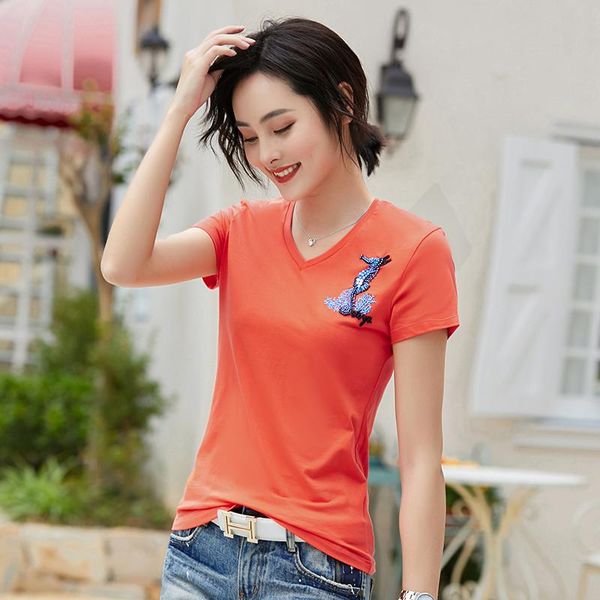 

summer women t-shirt handmade beaded combed cotton v-neck three-dimensional hippocampal short sleeve slim coat women's, White