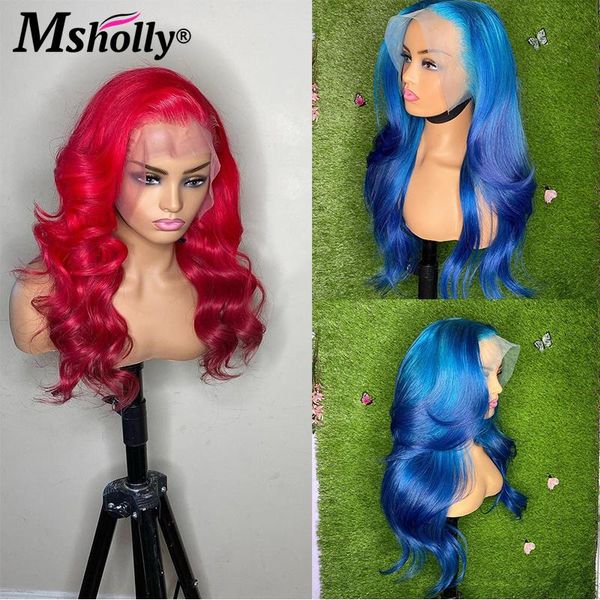 

ombre wig colored human hair wigs transparent 4x4 closure red blue wavy remy glueless brazilian for women lace, Black;brown