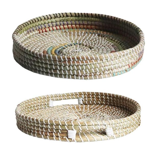

kitchen storage & organization hand woven fruit basket round rattan serving tray food plate candy snack bread organizer home living room dec