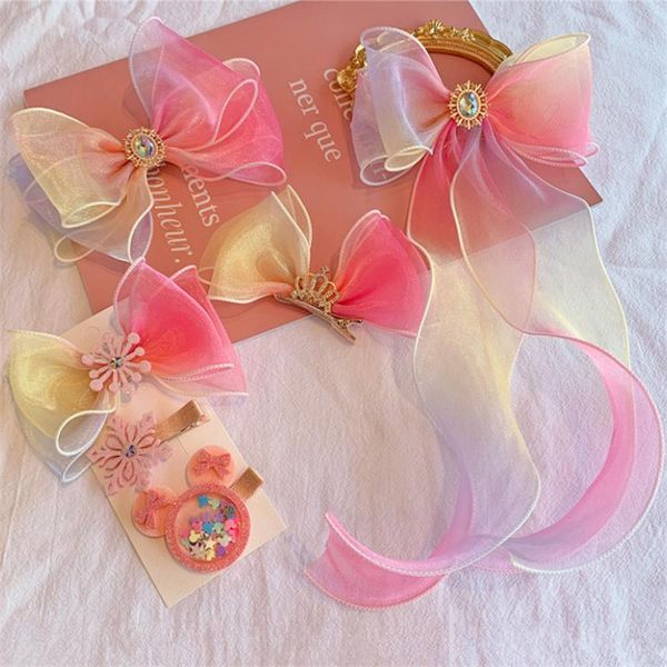 

10pcs/lot fashion gradient color bows crown hair clip for girls yarn ribbon bowknot hairpins barrettes kids accessories, Slivery;white