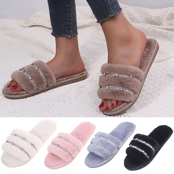 

slippers women fluffy fashion rhinestone decoration casual flat-bottomed plush cotton ladies female flip flops, Black