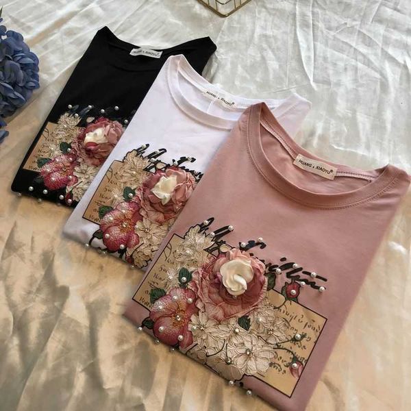 

summer white tshirt women vintage korean clothes women t shirt casual floral beading black tee shirt short sleeve fashion 210604