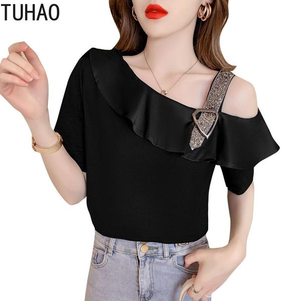 

women's blouses & shirts tuhao women party blouse 2021 summer skew collar elegant woman's clothing shirt white black casual ruffl