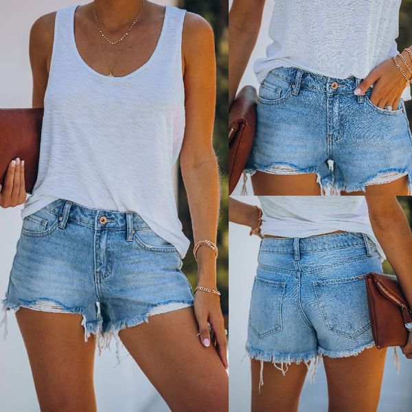 

women's jeans women summer street hipster cotton straight washed light blue pockets worn out and white casual denim shorts