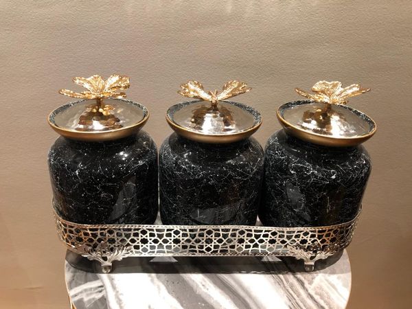

storage bottles & jars 3 piece kitchen procelain hand painted black white colour marble design metal butterfly rice flour