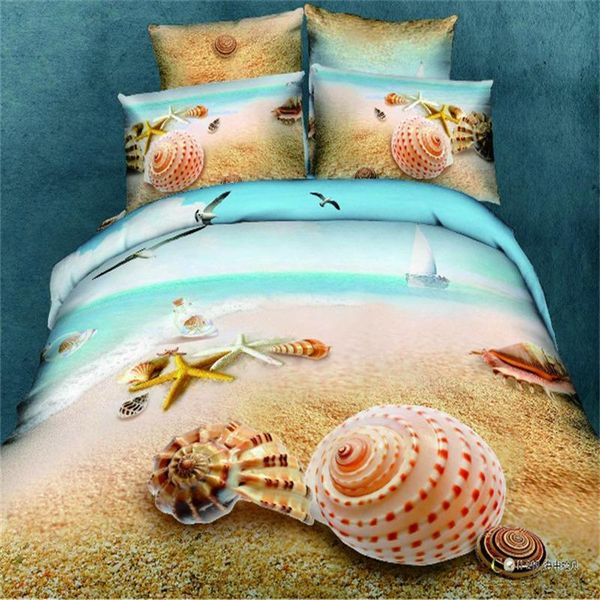 

bedding sets 3d hd sea beach shell 100% cotton blue marine quilt cover set double king  size duvet bedclothes
