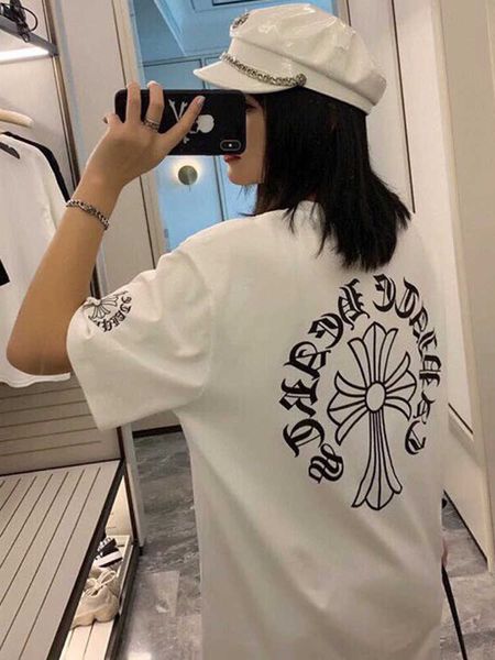 

crosin sanskrit ch neckline letter tide cross brand print short t-shirt round neck half sleeve shirt, White