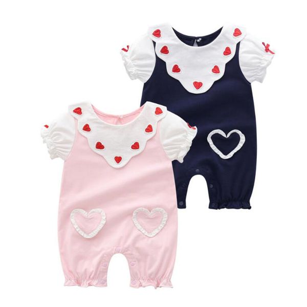 

summer baby girl short sleeve loving heart rompers infant boy cotton clothes 210521, Blue