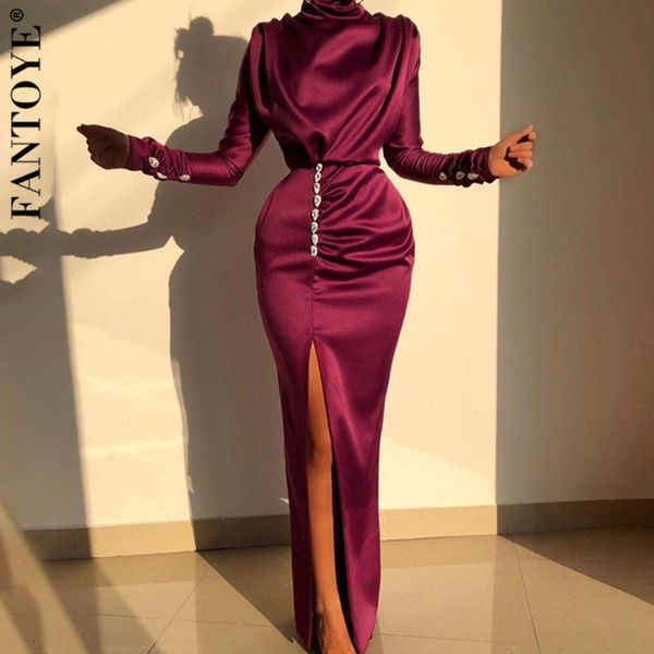 

casual dresses red satin maxi party women elegant long sleeve high split diamonds ladies turtleneck clubwear vestidos dsrd, Black;gray
