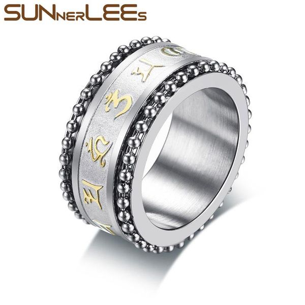 

cluster rings sunnerlees titanium stainless steel buddhist religious prayer om mani padme hum sand surface spinner men boy ring r-368, Golden;silver
