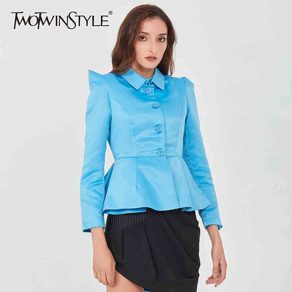 

twotwinstyl blue jacket for women lapel long sleeve high waist patchwork skirt hem ruched loose coats female autumn clothes 210524, Black;brown