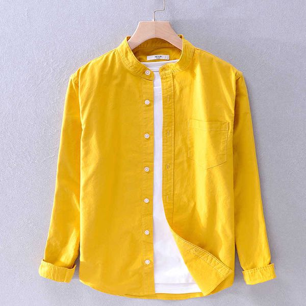 Рубашка из чистого хлопка с длинным рукавом для мужчин осень желтый стенд воротник повседневная топы мужчина сплошной цвет одежды Y3170 210721