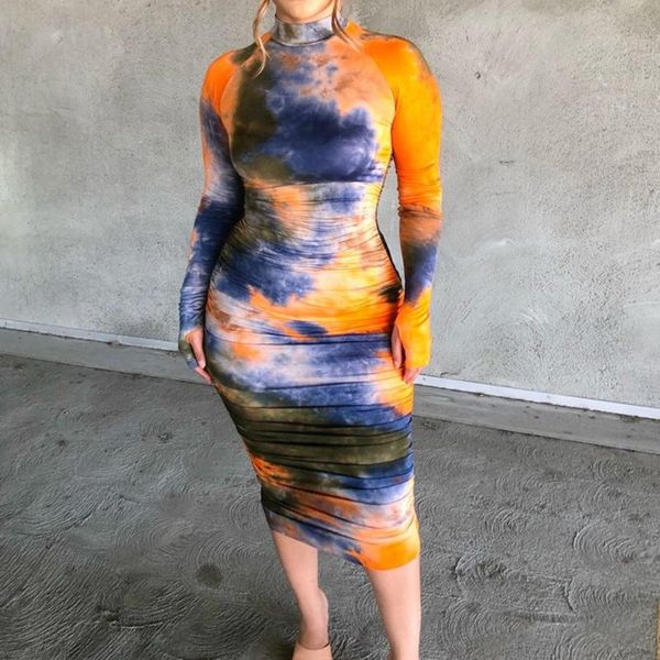 

casual dresses tie dye print bodycon pleated dress women long sleeve ruched summer midi club party ladies wrap vestido, Black;gray