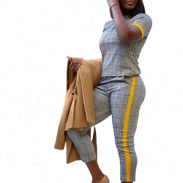 

spring summer o neck womens tracksuits short sleeve pants suits plaid print two piece set casual fitness outfits, Gray