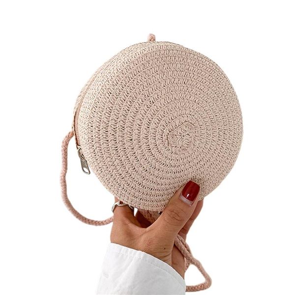 

storage bags girls straw crossbody bag with zipper closure solid color round shape shoulder for kids gifts 10 colors