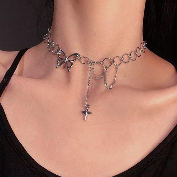 

pendant necklaces gothic hip hop clavicle chain necklace harajuku punk style butterfly choker women fashion party jewlery collares mujer, Silver